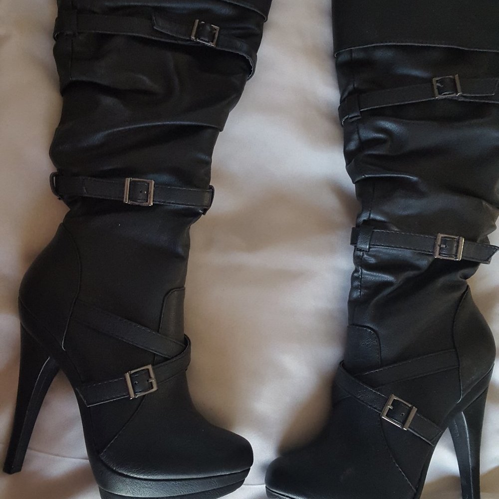 Black Faux Leather Platform High Heel Boot